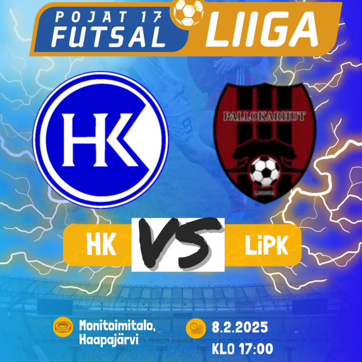 Futsal-liiga ottelu monitoimihallilla 8.2.25 klo 17:00 Kiilat vastaan Limingan Pallokarhut. Maksuton tapahtuma.