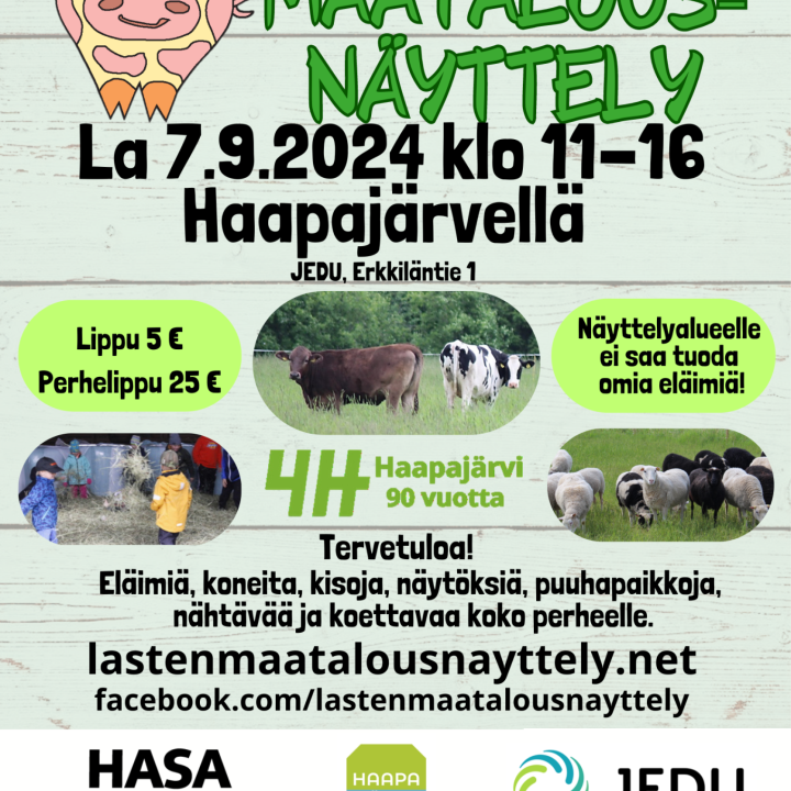 Lasten maatalousnäyttely Haapajärvellä la 7.9.2024 klo 11-16.