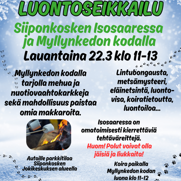 Koko perheen talvinen luontoseikkailu Siiponkosken Isosaaressa ja Myllynkedon kodalla la 22.3 klo 11-13.